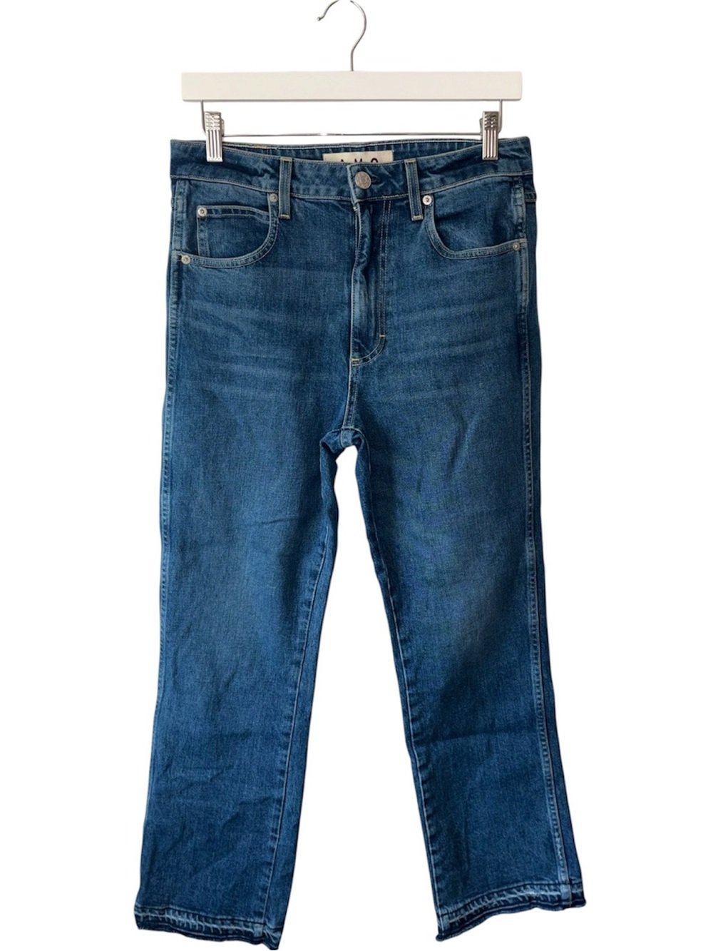 AMO Bella Crop Jeans 29 Crush High Rise Raw Hem Straight Crop Made in USA